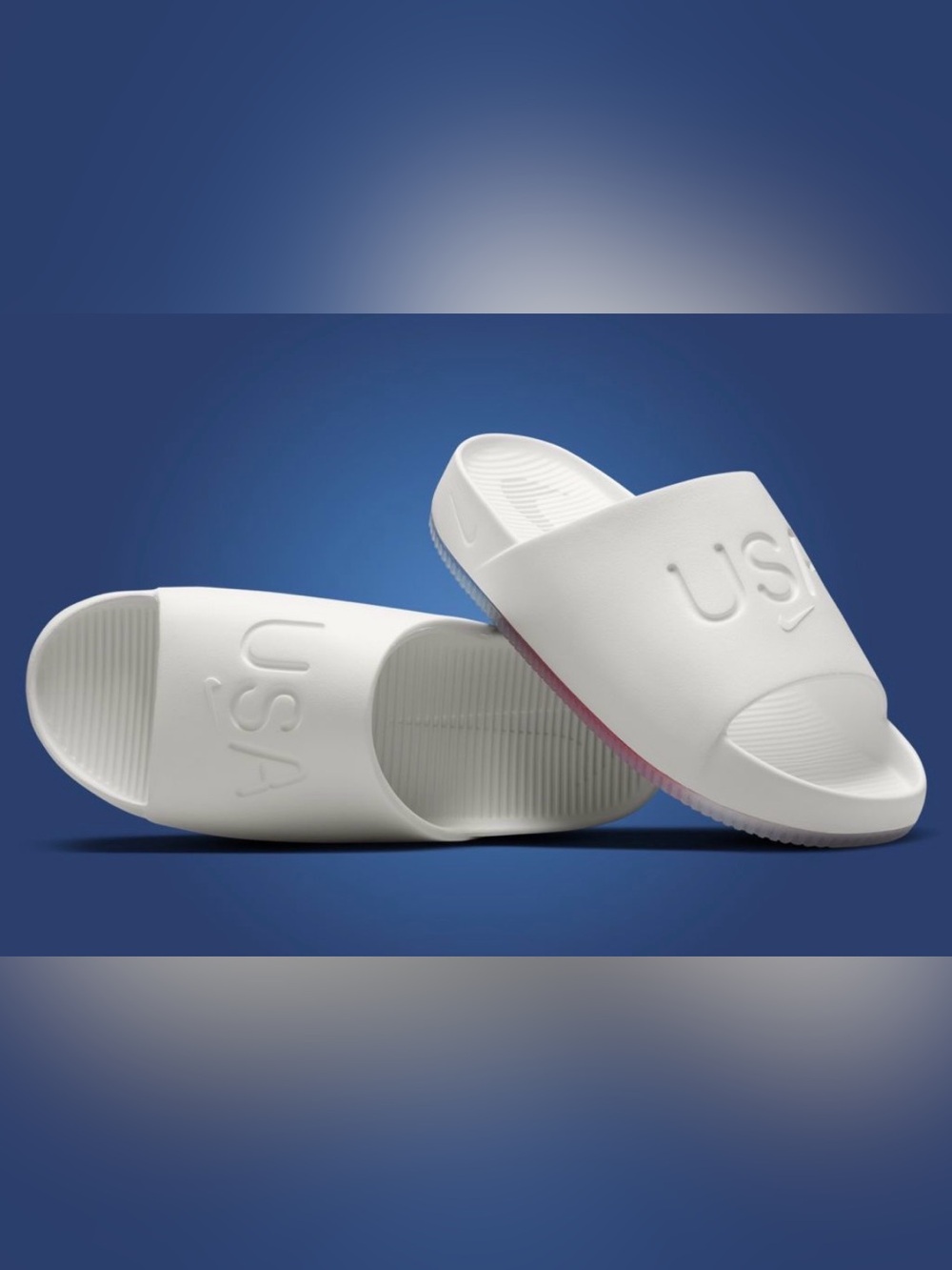 Nike White Slide One USA Calm Sandals with Red/White/Blue Sole Accent